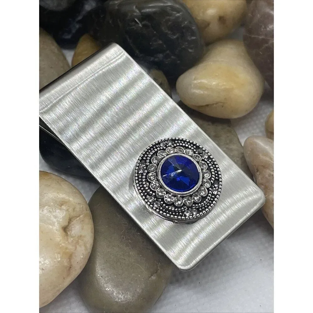 Fathers Day Sapphire Colored Blue Money Clip Stainless Steel Goth Wedding Gift
